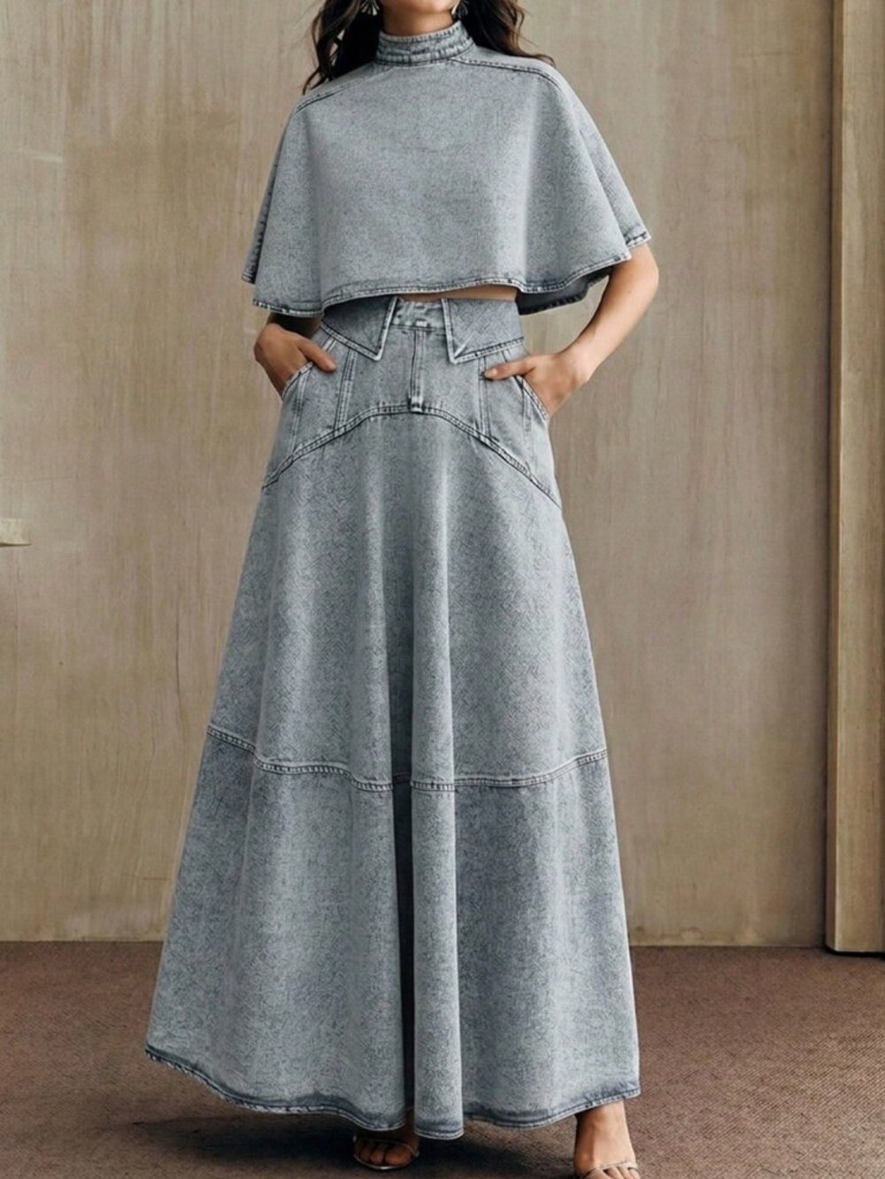 Blue Elegant Women's Peplum Hem Skirt & Short Sleeve Denim Cape Set - Picture 6 of 7
